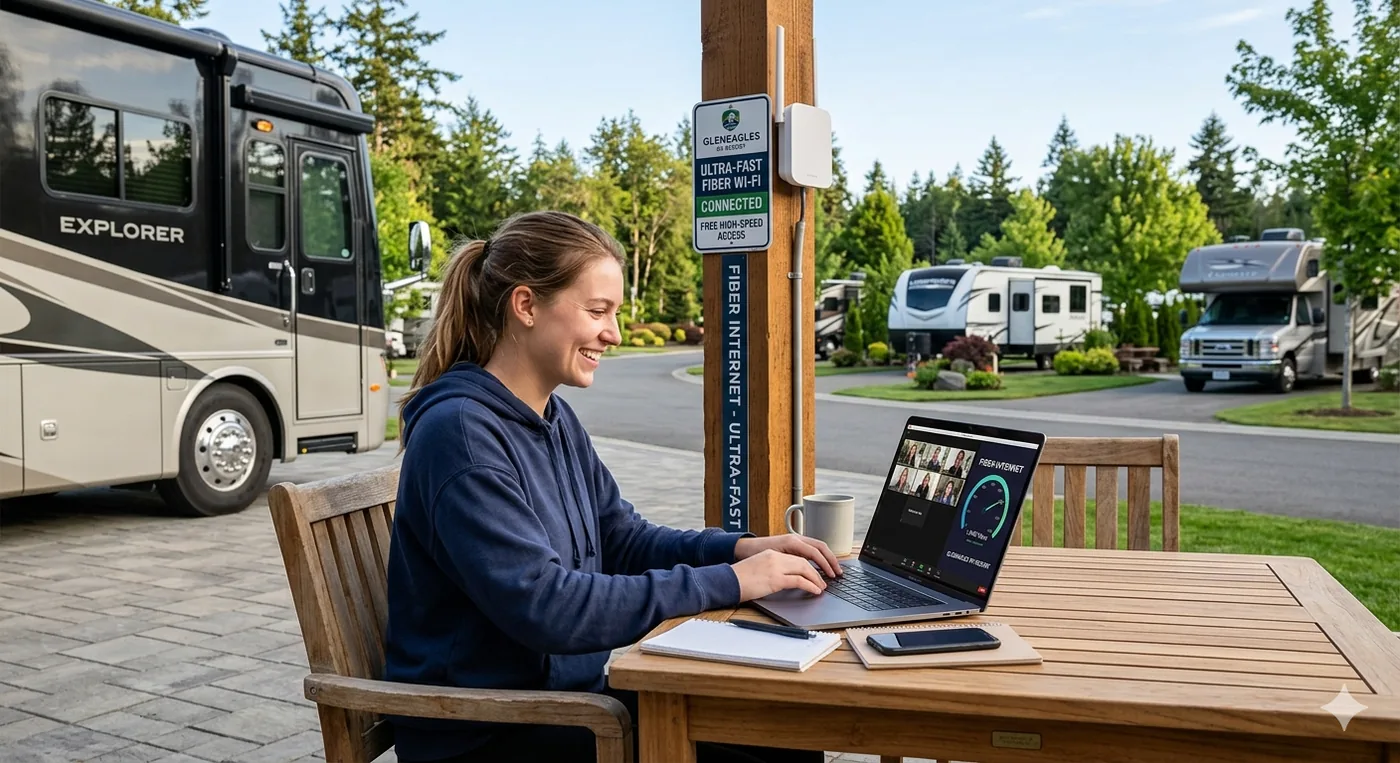 RV resort amenities including dog park and free laundry at Gleneagles RV Resort