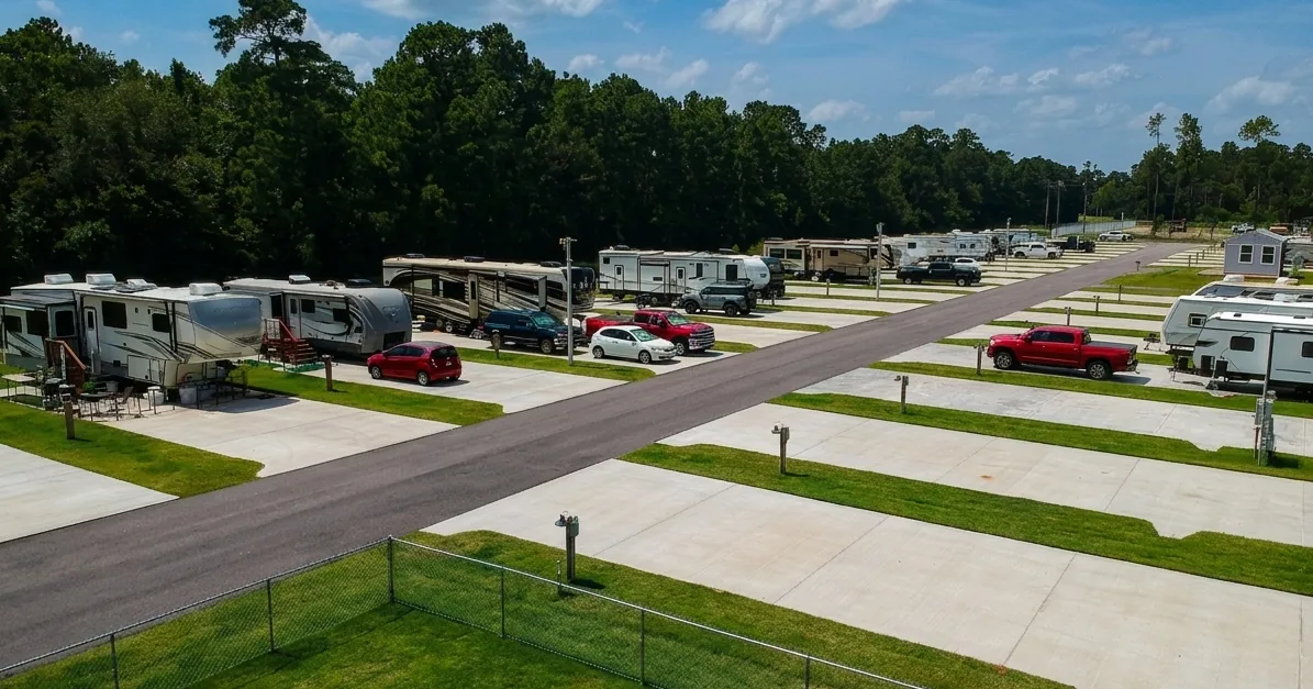Aerial view of Gleneagles RV Resort concrete pad sites in Conroe TX near The Woodlands
